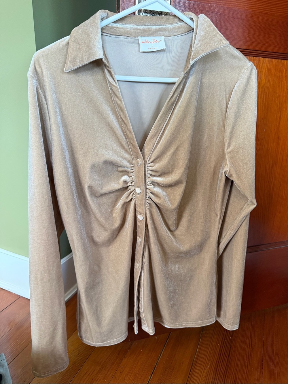 Ari Rose Beige Velvet Ruched Button-Down Shirt - Women's Top